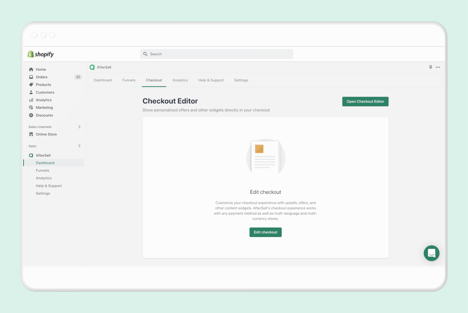 checkout editor page in aftersell