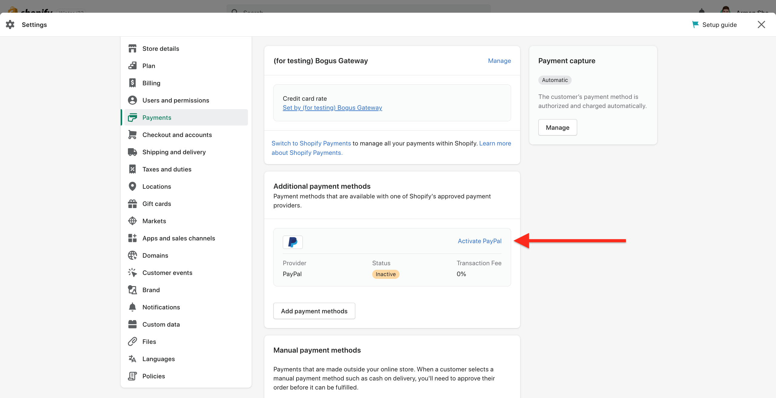 Activate Paypal Button Shopify