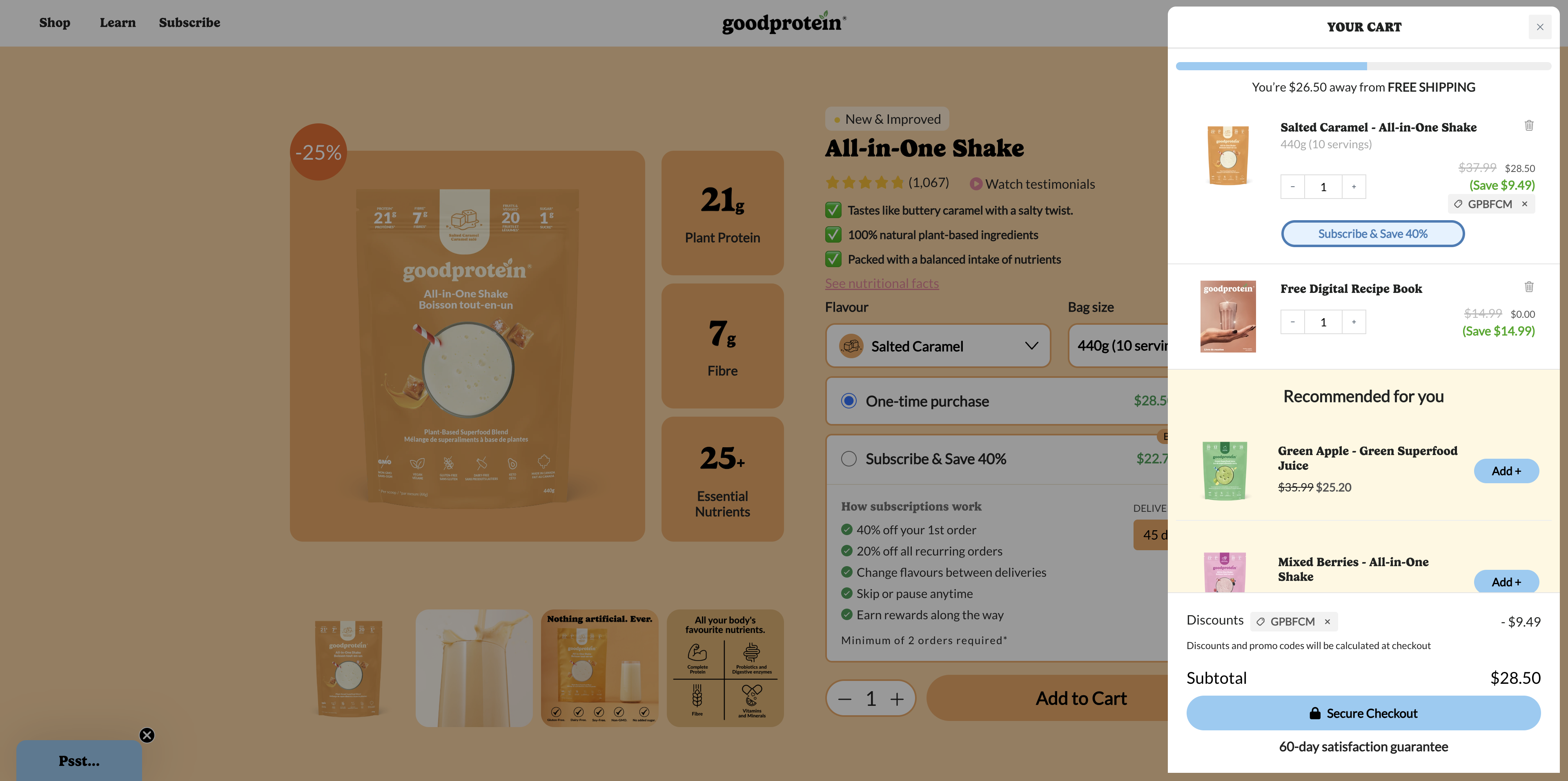 Goo Protein in-cart product recommendations Aftersell