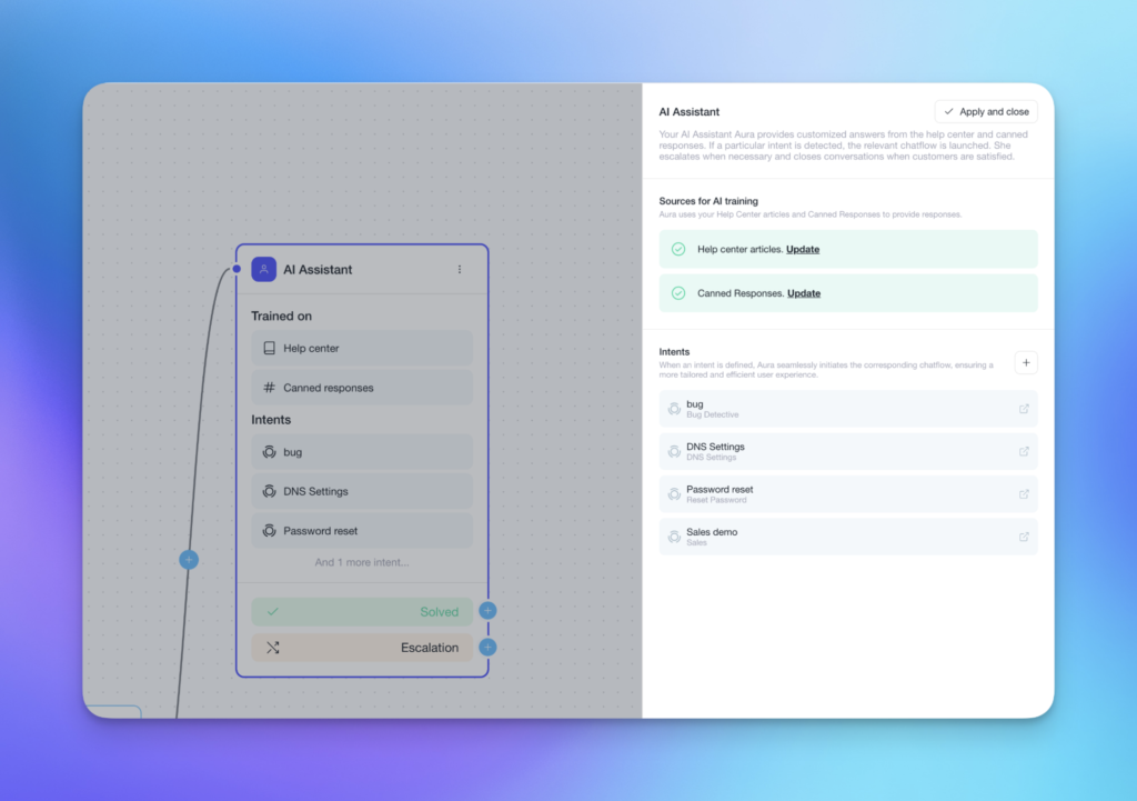 Customerly interface showing how to configure training sources and intents using the AI Assistant in a Chatflow