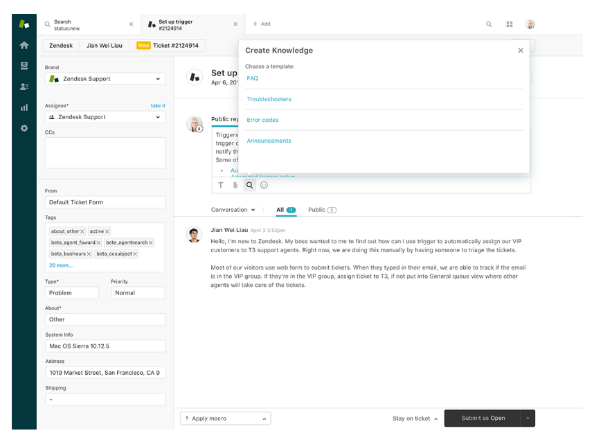 Customer service tool 2 - Zendesk dashboard