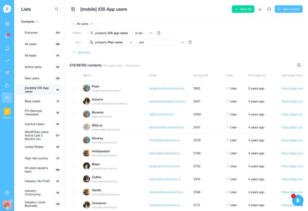 in app survey create user list