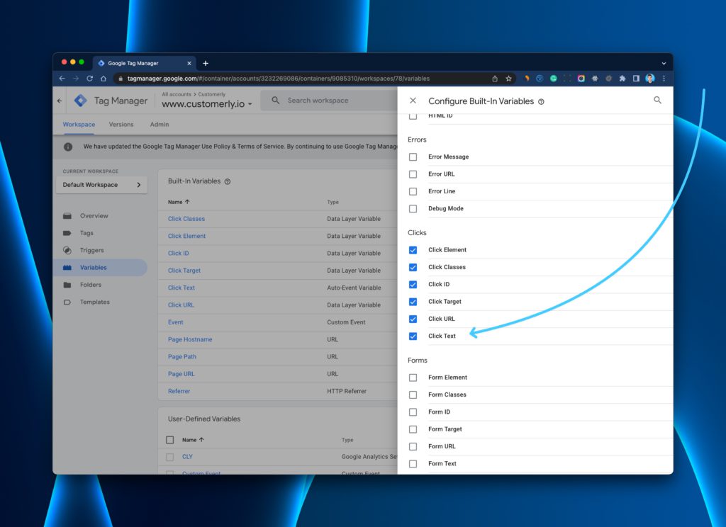 Google Tag Manager click text