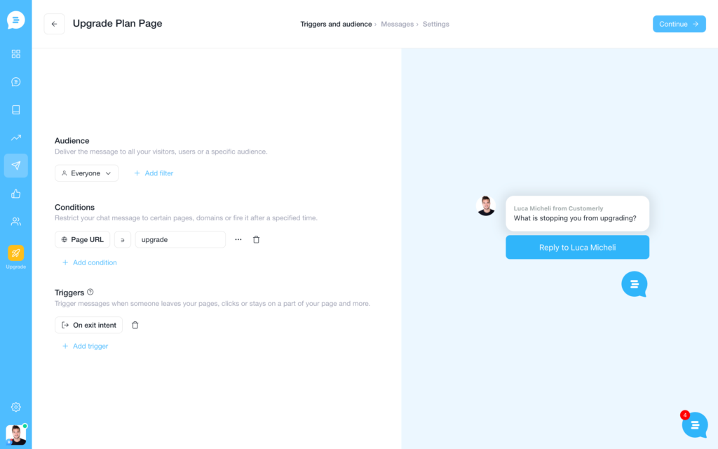 chat trigger to recover upgrade page abandons