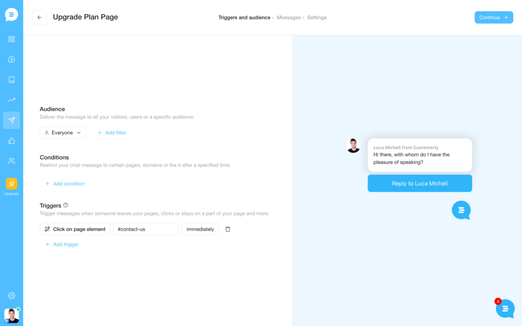 chat trigger to use as contact us button