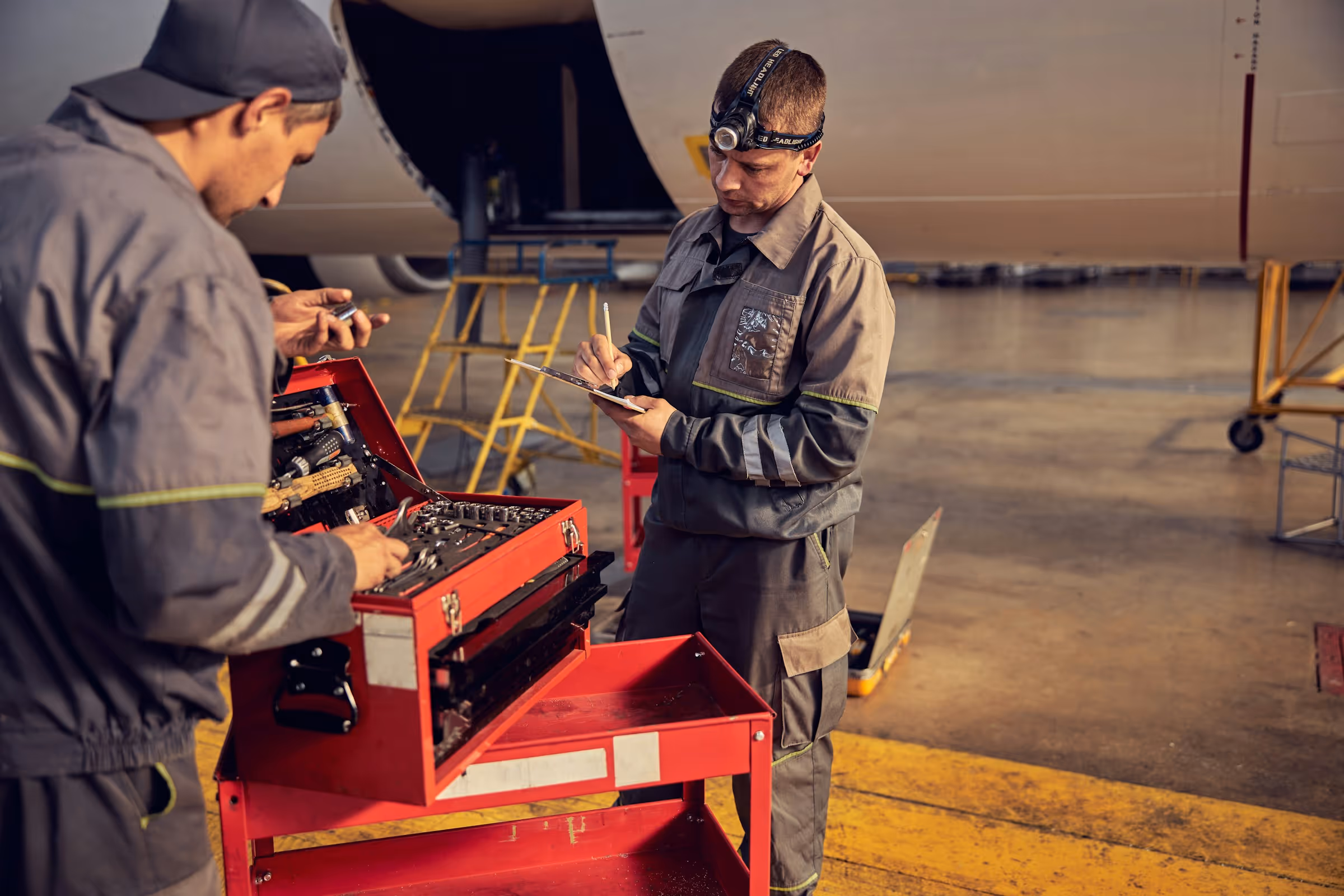 Two maintenance technicians using diagnostic equipment beside an aircraft.