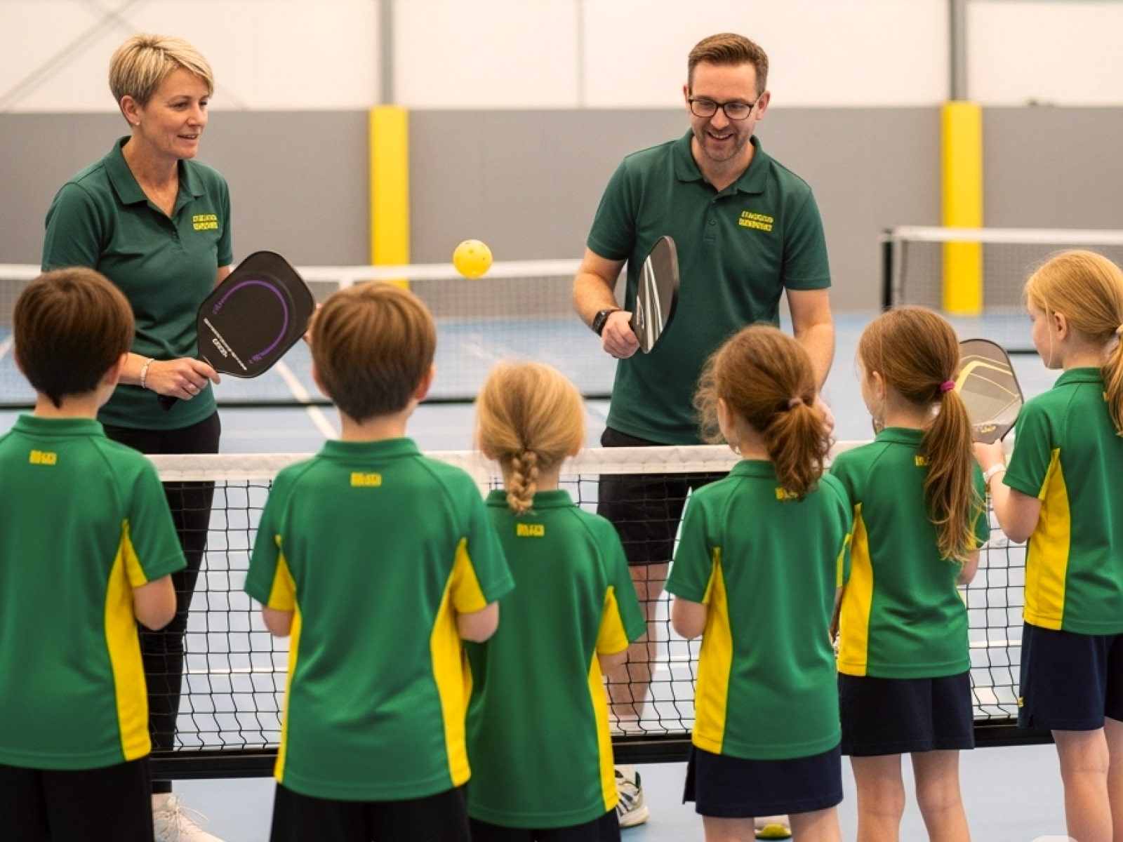 Coaches teaching pickleball to a group of children