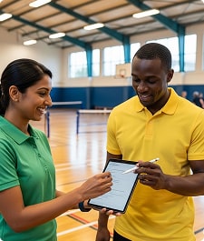 A pickleball coach viewing a lesson planner on a tablet