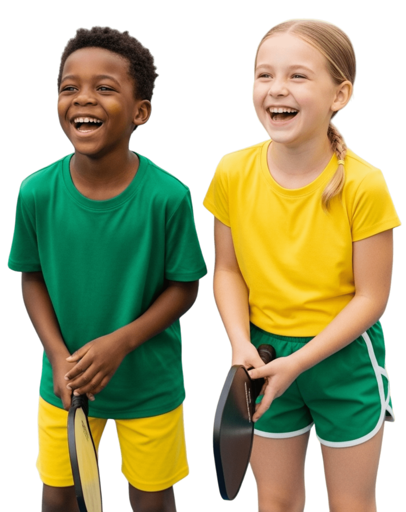 Two children with pickleball paddle laughing