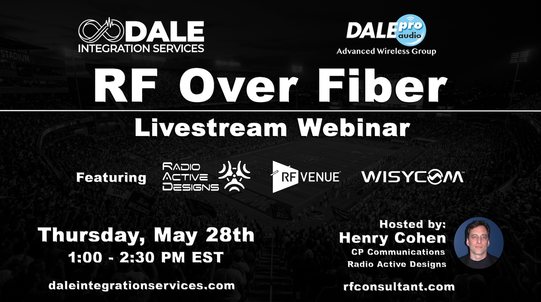 Dale Pro Audio Advanced Wireless Group banner featuring a photo of James Stoffo holding microphones, with presentations by Shure, Sound Devices, and Sennheiser.