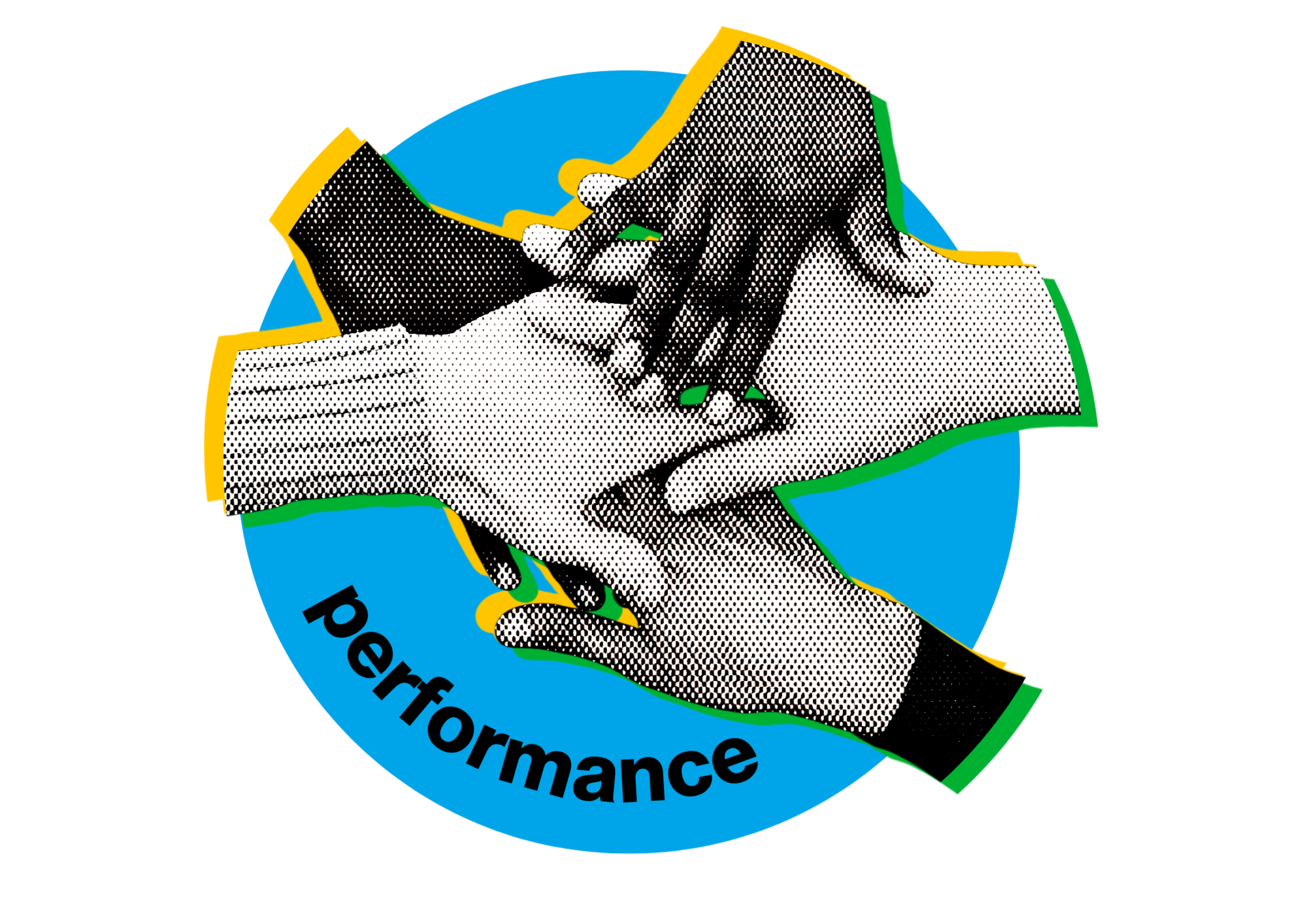 Black and white halftone image of two fists bumping inside a green circle, with the word 'compound' curved above them.