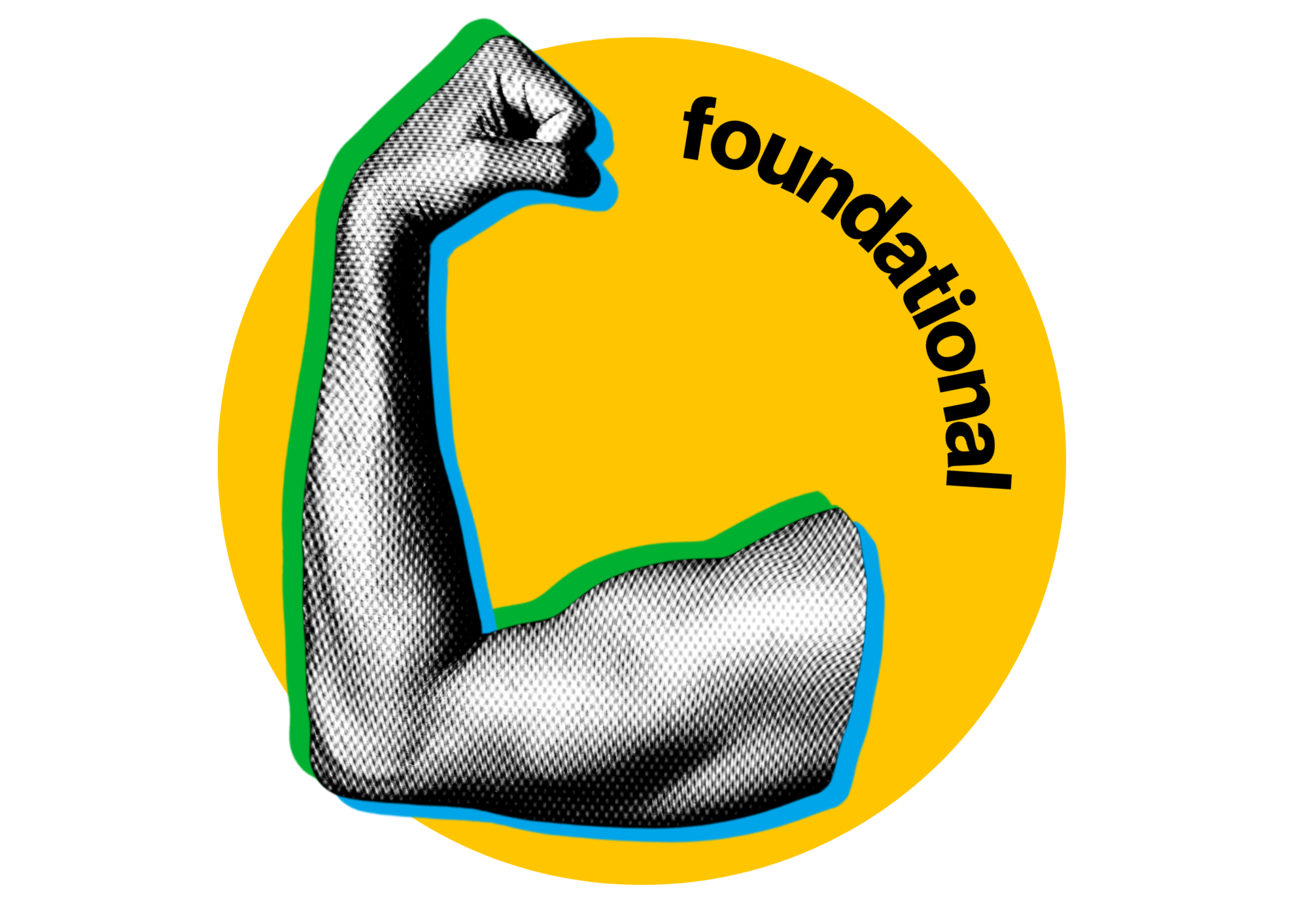 Black and white halftone image of two hands pressed together in prayer over a yellow circle background with the word 'foundational' curved along the right side.