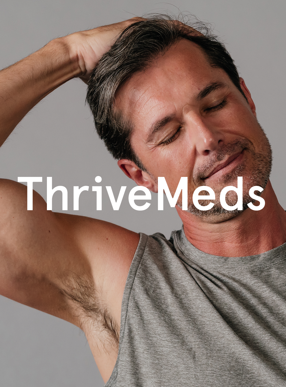 Man stretching his head with "ThriveMeds" logo overlaying the image.