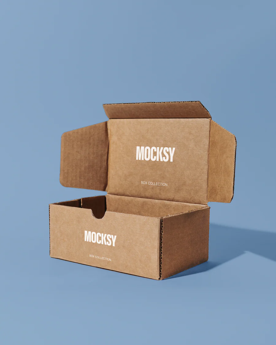 Shipping box on a blue background with "Mocksy" logo