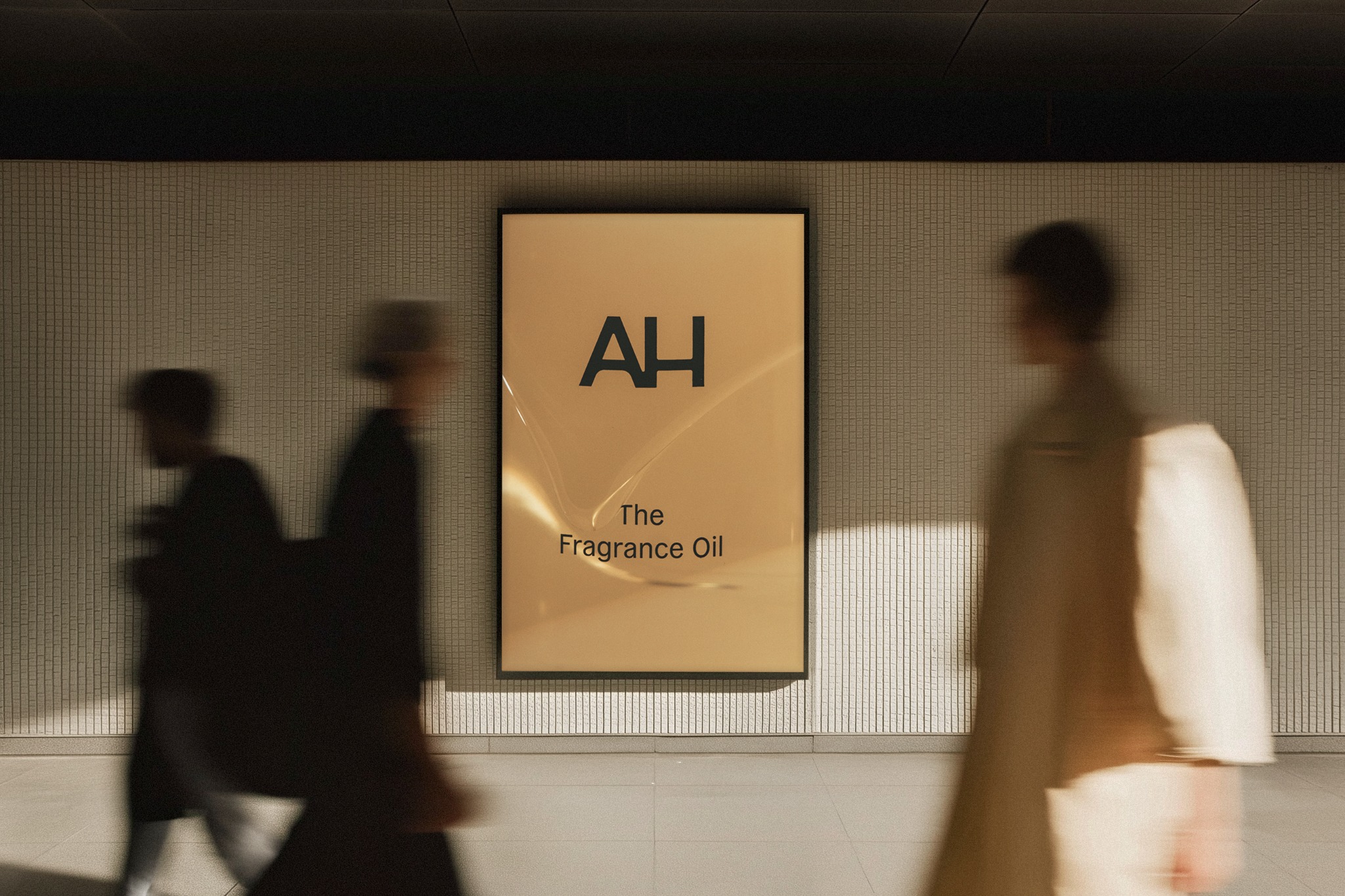 Aura House fragrance oil campaign poster with people passing in the foreground