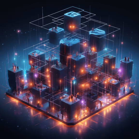 Illustration of a decentralized network with blockchain and AI elements. Rise of Daos in Crypto Recruitment