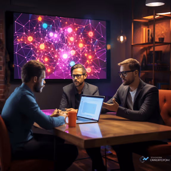 Soft Skills in the Decentralized Age. Crypto recruiters collaborating on a virtual blockchain canvas