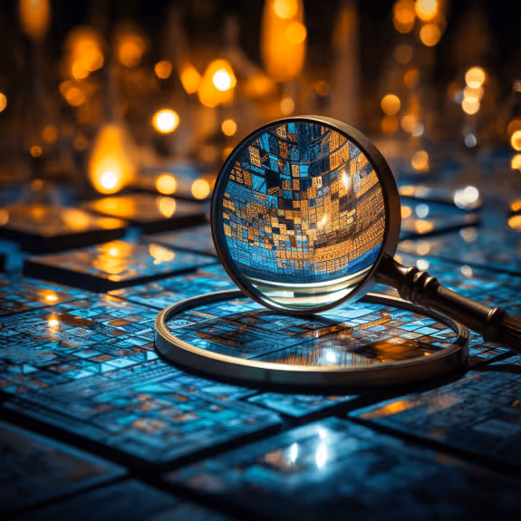 A digital mosaic of a magnifying glass over a crypto exchange, interlaced with code and blockchain imagery.