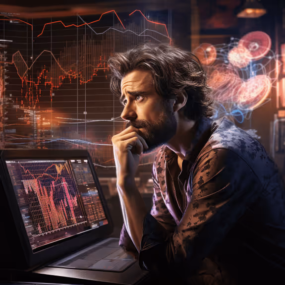 Close-up of a downward trending graph to signify the cooling NFT market with blockchain symbols in the background.|