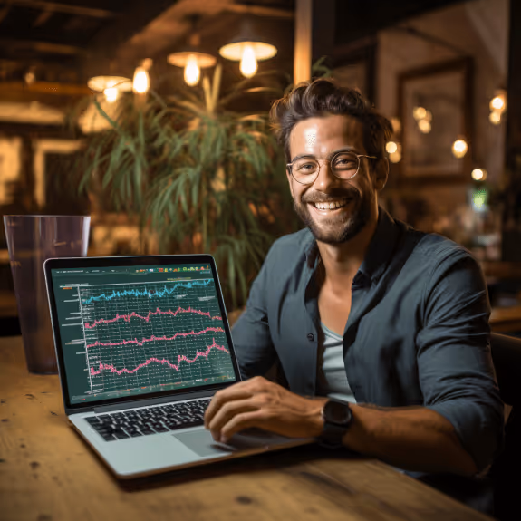 Crypto recruitment founder smiling with a laptop, showing a digital chart of job growth in crypto startups.