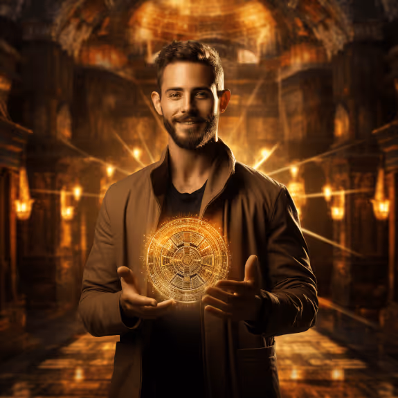 Enthusiastic job seeker holding a shining golden crypto coin with blockchain patterns in the background, seeking valuable tips for job seekers.