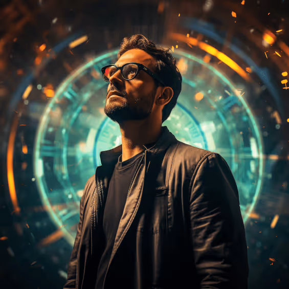 A visionary entrepreneur gazing at a holographic blockchain.