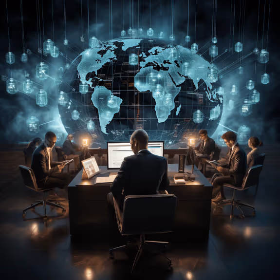 A digital collage showing blockchain networks, global crisis themes, and crypto recruitment professionals at work. Blockchains Role in Global Crises