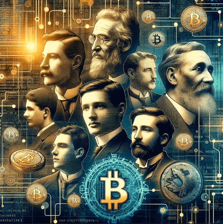 A digital collage representing the early Bitcoin developers and blockchain technology.