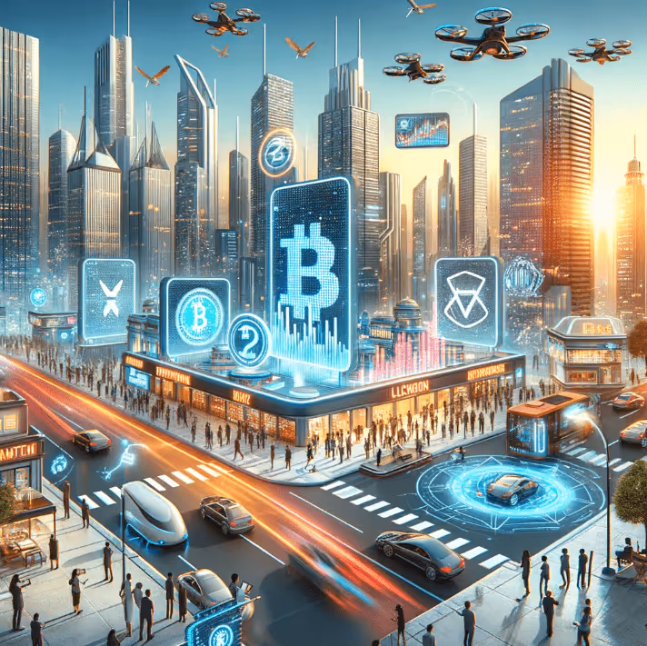 Dynamic graphic of a globe encircled by blockchain links and diverse professionals engaged in crypto activities. Emerging Blockchain Markets in 2024