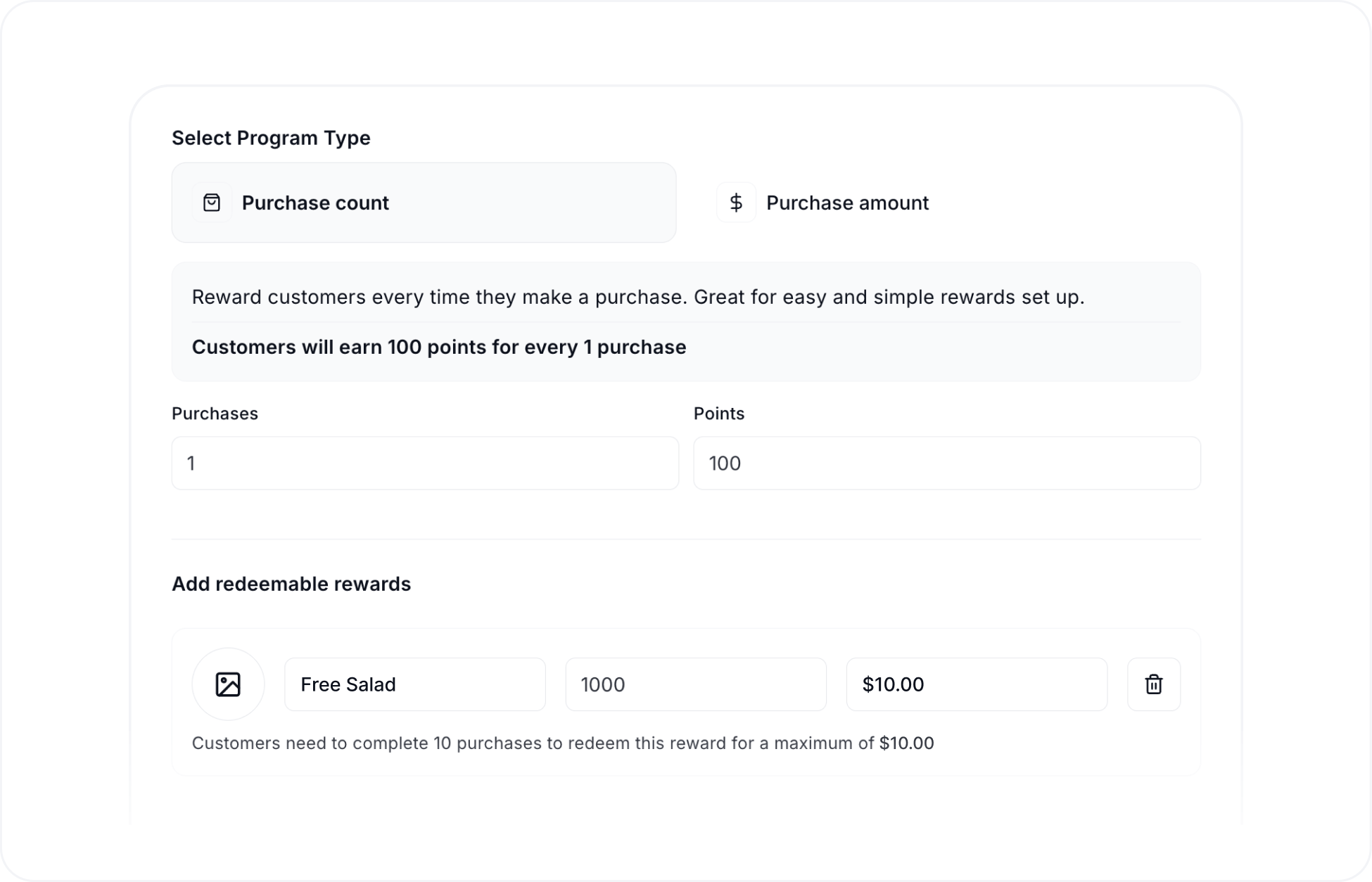 Worthify dashboard interface for setting up a rewards program based on purchase count or spending amount with customizable reward options