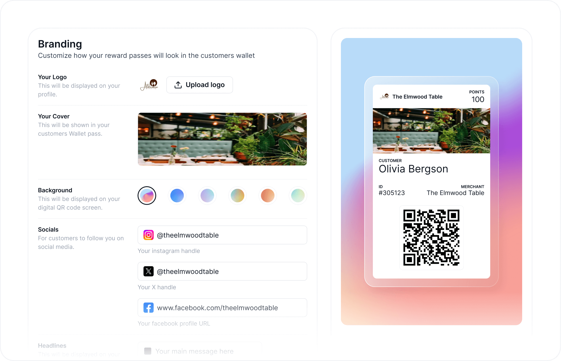 Worthify branding settings screen with custom logo, cover image, and digital wallet pass preview for a personalized customer rewards program