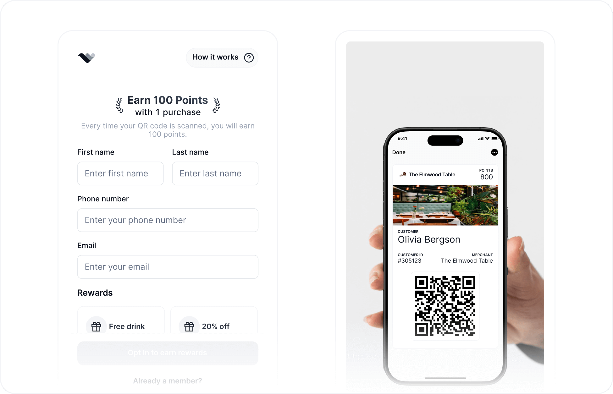 Mobile wallet pass sign-up flow showing QR code, customer form, and Apple Wallet pass preview for joining a rewards program without an app