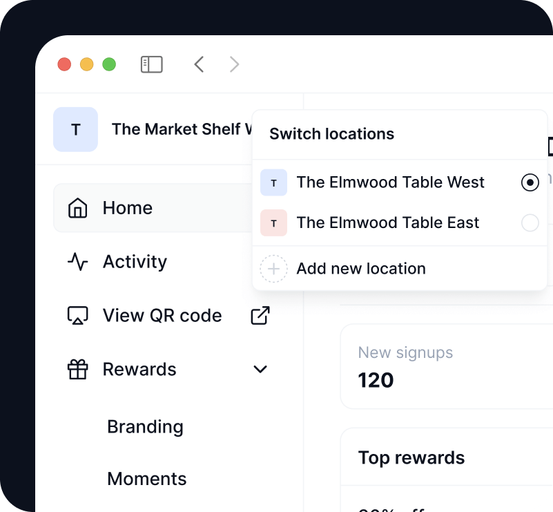 Worthify dashboard with multi-location management showing dropdown to switch between business locations for centralized rewards tracking
