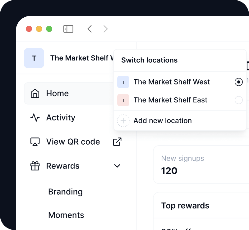 Worthify dashboard with multi-location management showing dropdown to switch between business locations for centralized rewards tracking