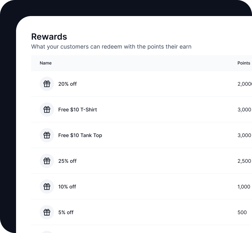 Rewards screen showing various customer reward options like discounts and free items that can be redeemed with earned points