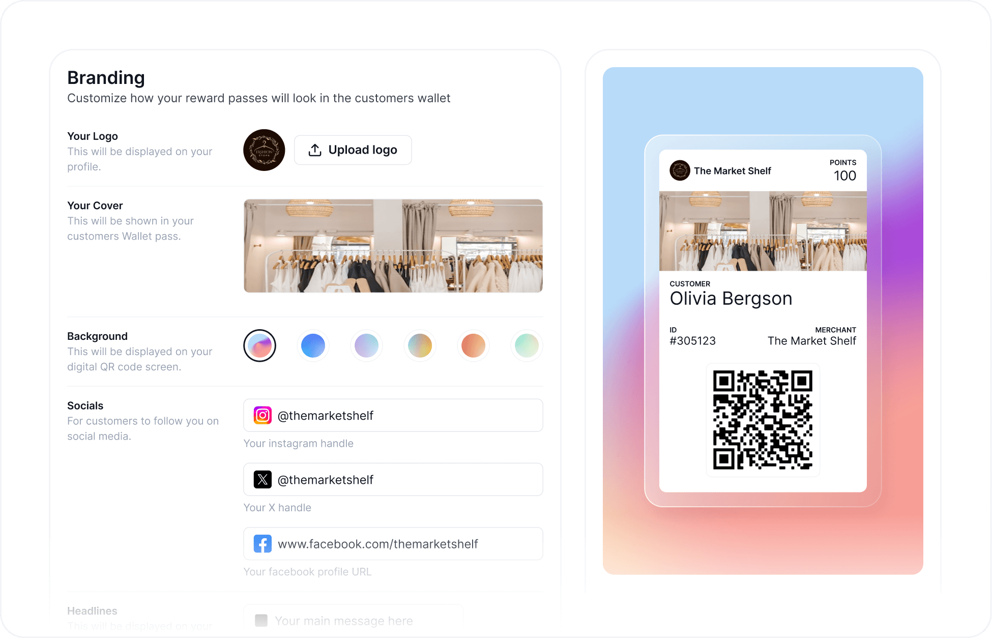 Worthify branding settings screen with custom logo, cover image, and digital wallet pass preview for a personalized customer rewards program