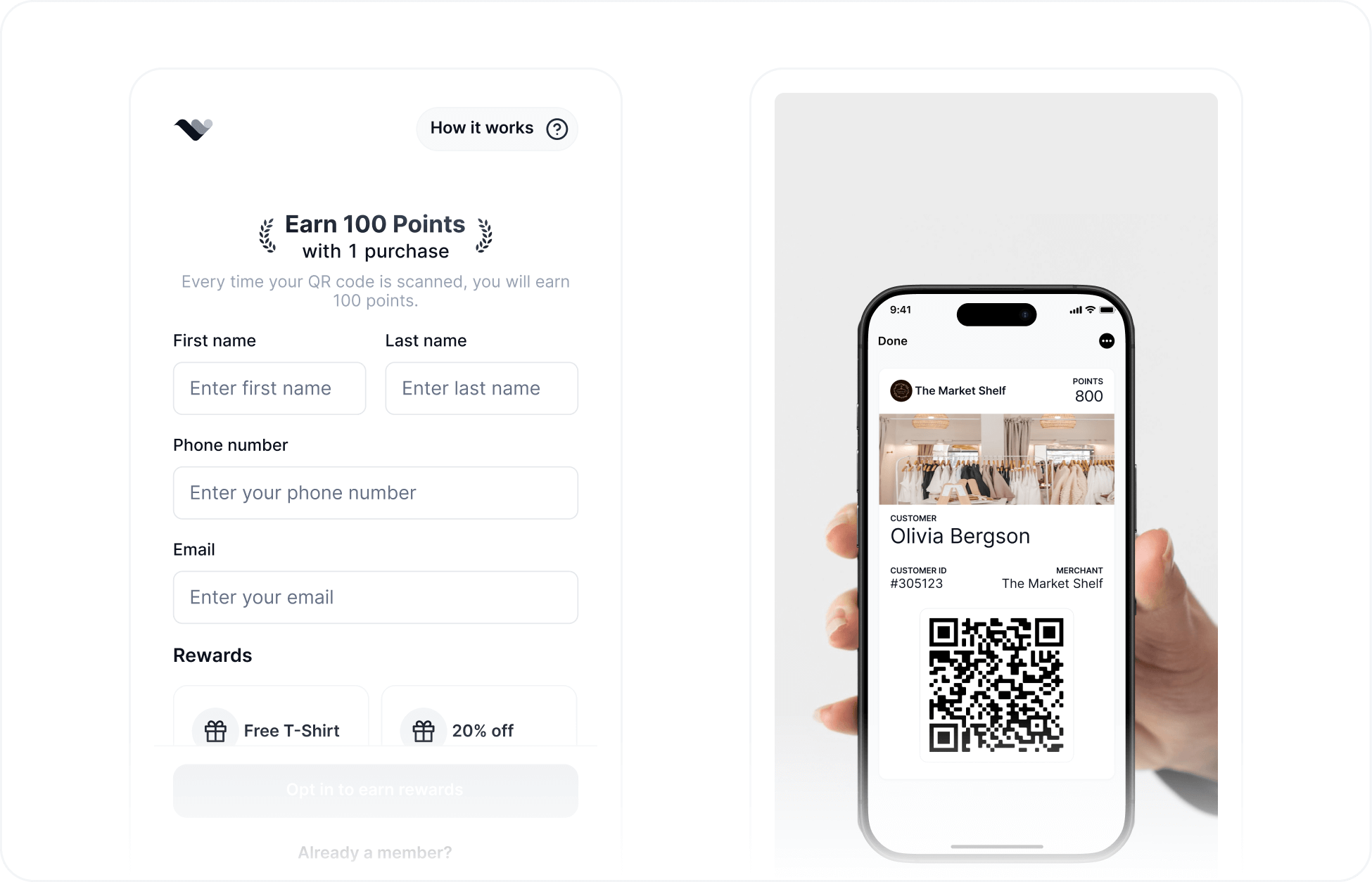 Mobile wallet pass sign-up flow showing QR code, customer form, and Apple Wallet pass preview for joining a rewards program without an app