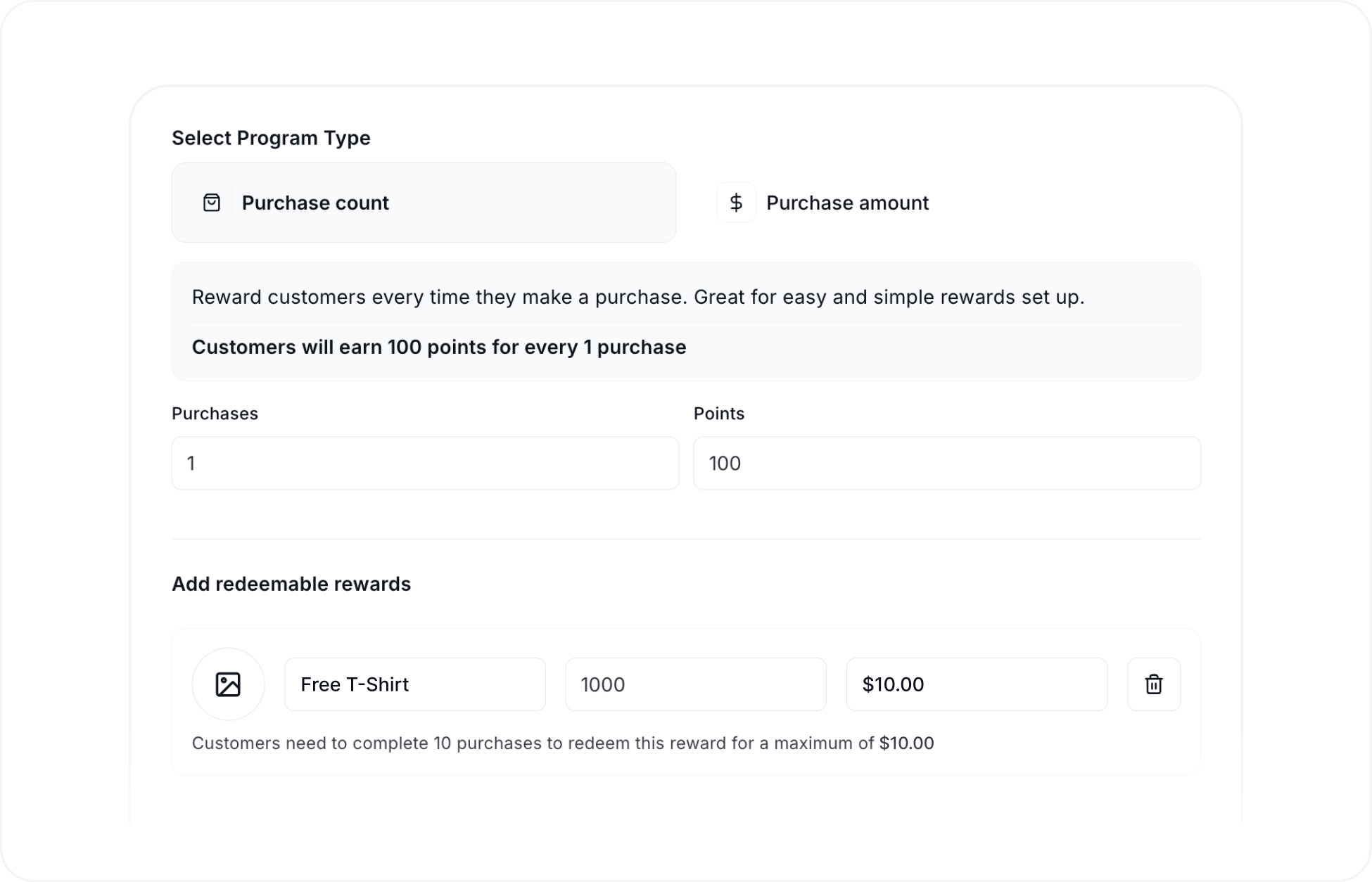 Worthify dashboard interface for setting up a rewards program based on purchase count or spending amount with customizable reward options