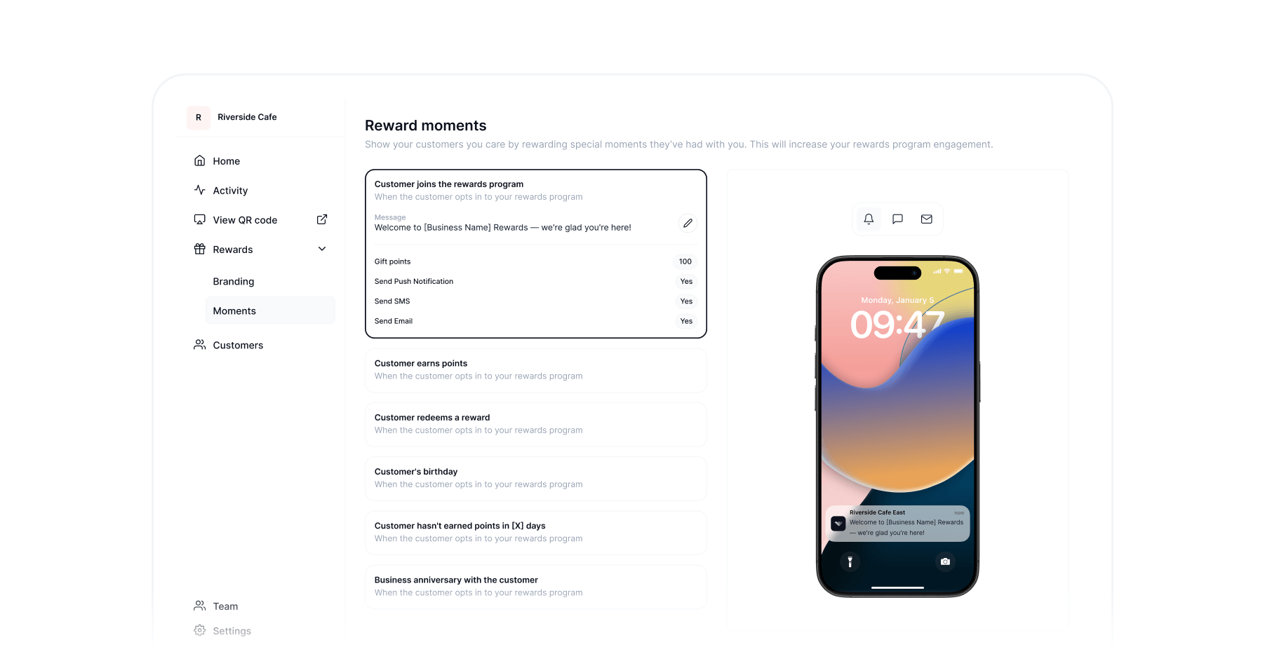 Rewards dashboard showing real-time customer activity, redemptions, and point history for local businesses