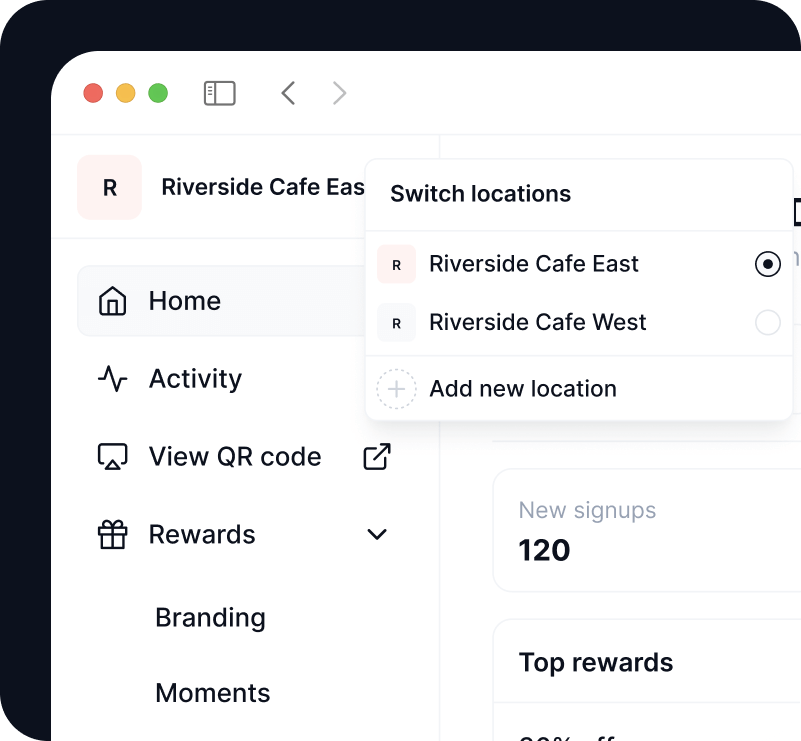 Worthify dashboard with multi-location management showing dropdown to switch between business locations for centralized rewards tracking