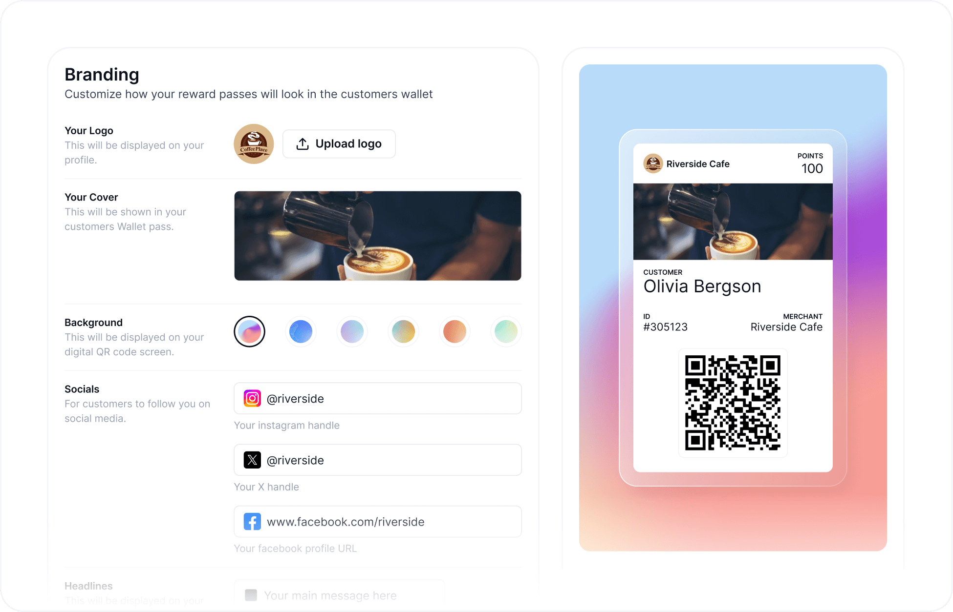 Worthify branding settings screen with custom logo, cover image, and digital wallet pass preview for a personalized customer rewards program