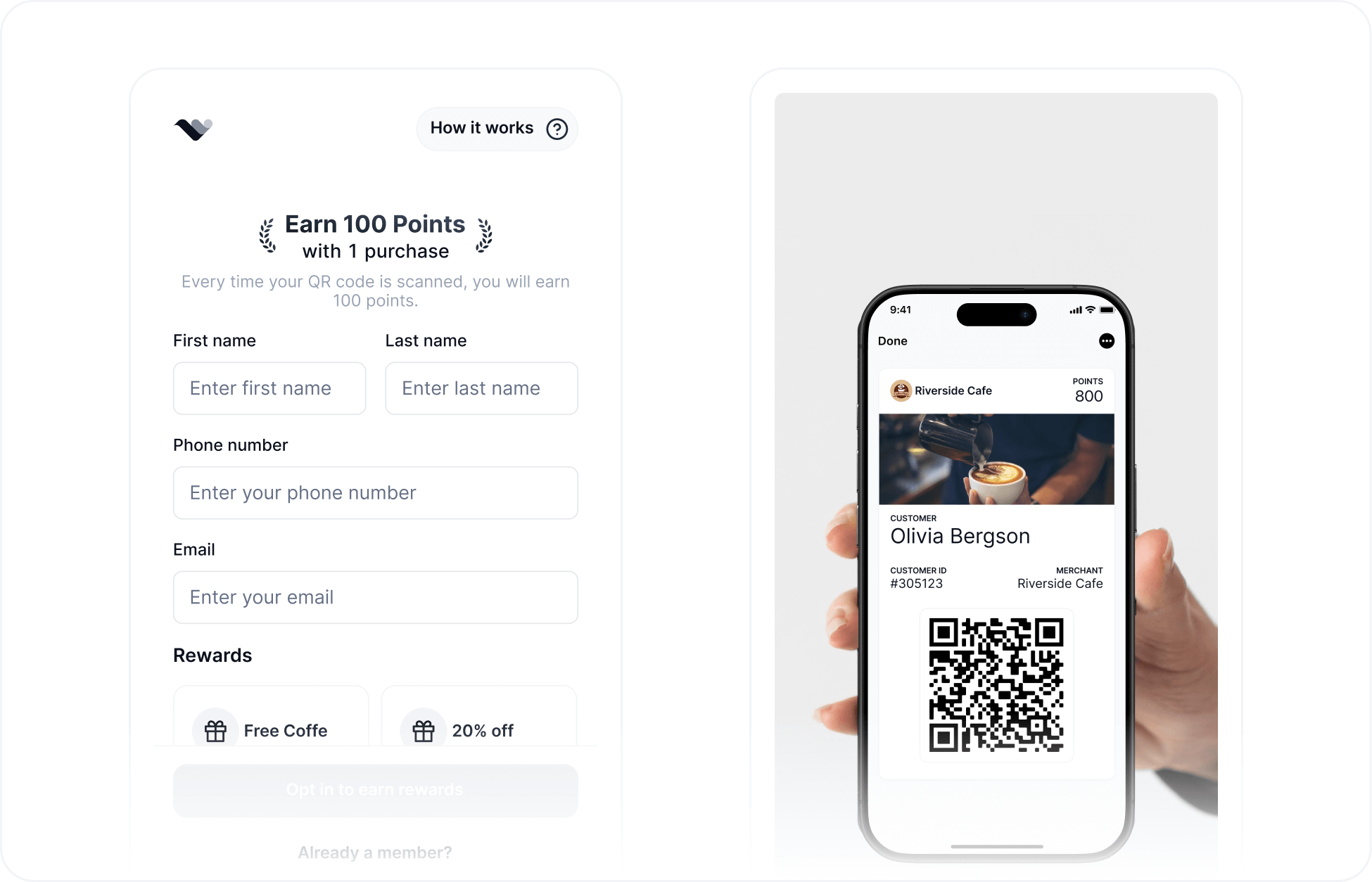 Mobile wallet pass sign-up flow showing QR code, customer form, and Apple Wallet pass preview for joining a rewards program without an app
