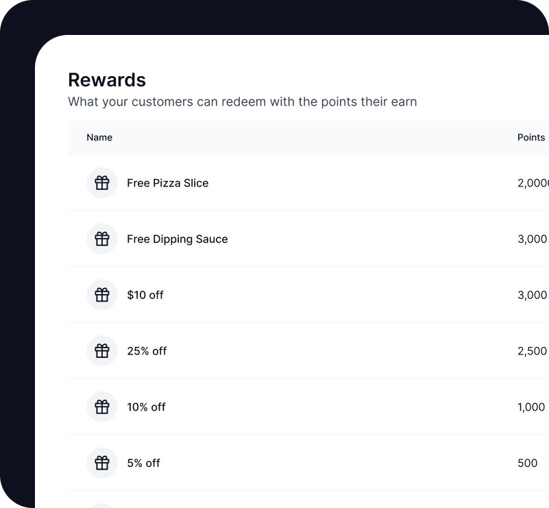 Rewards screen showing various customer reward options like discounts and free items that can be redeemed with earned points