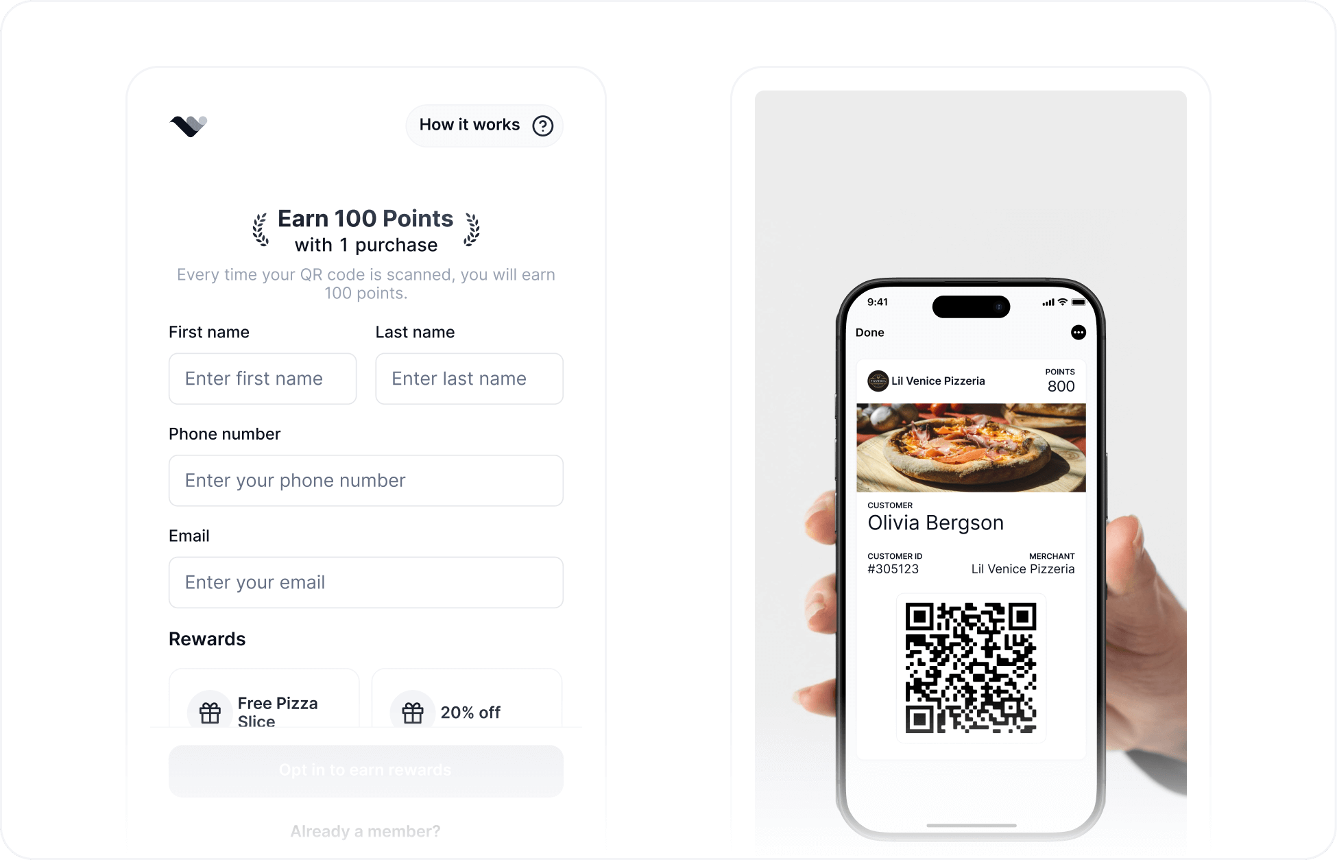 Mobile wallet pass sign-up flow showing QR code, customer form, and Apple Wallet pass preview for joining a rewards program without an app