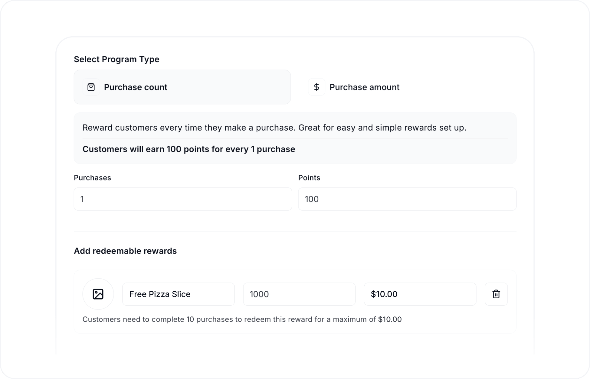 Worthify dashboard interface for setting up a rewards program based on purchase count or spending amount with customizable reward options