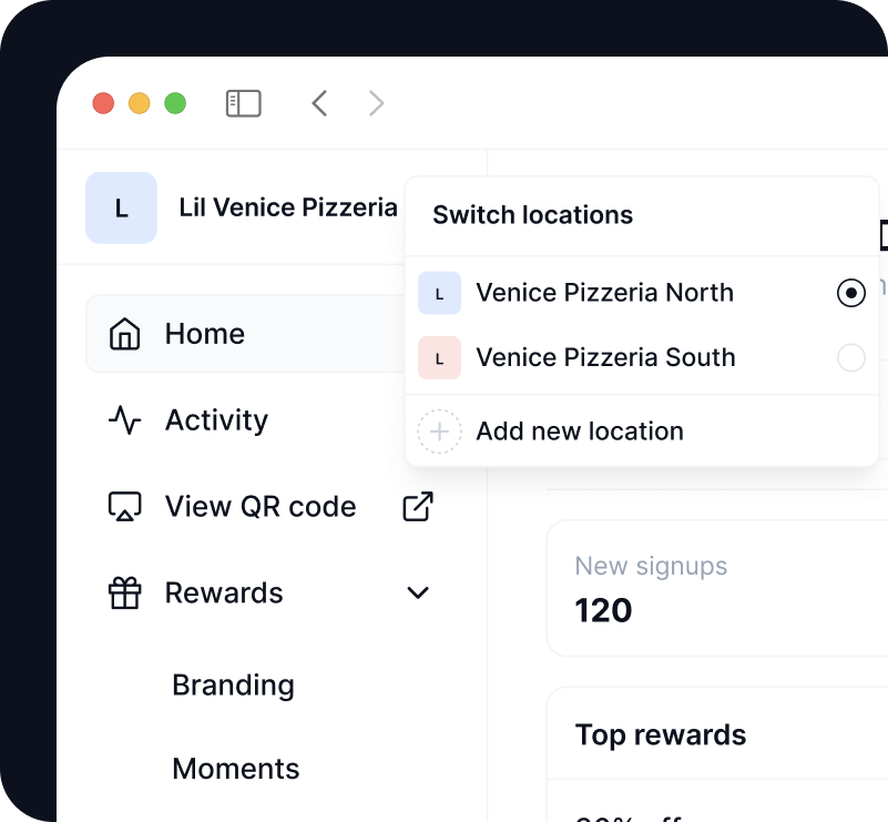 Worthify dashboard with multi-location management showing dropdown to switch between business locations for centralized rewards tracking