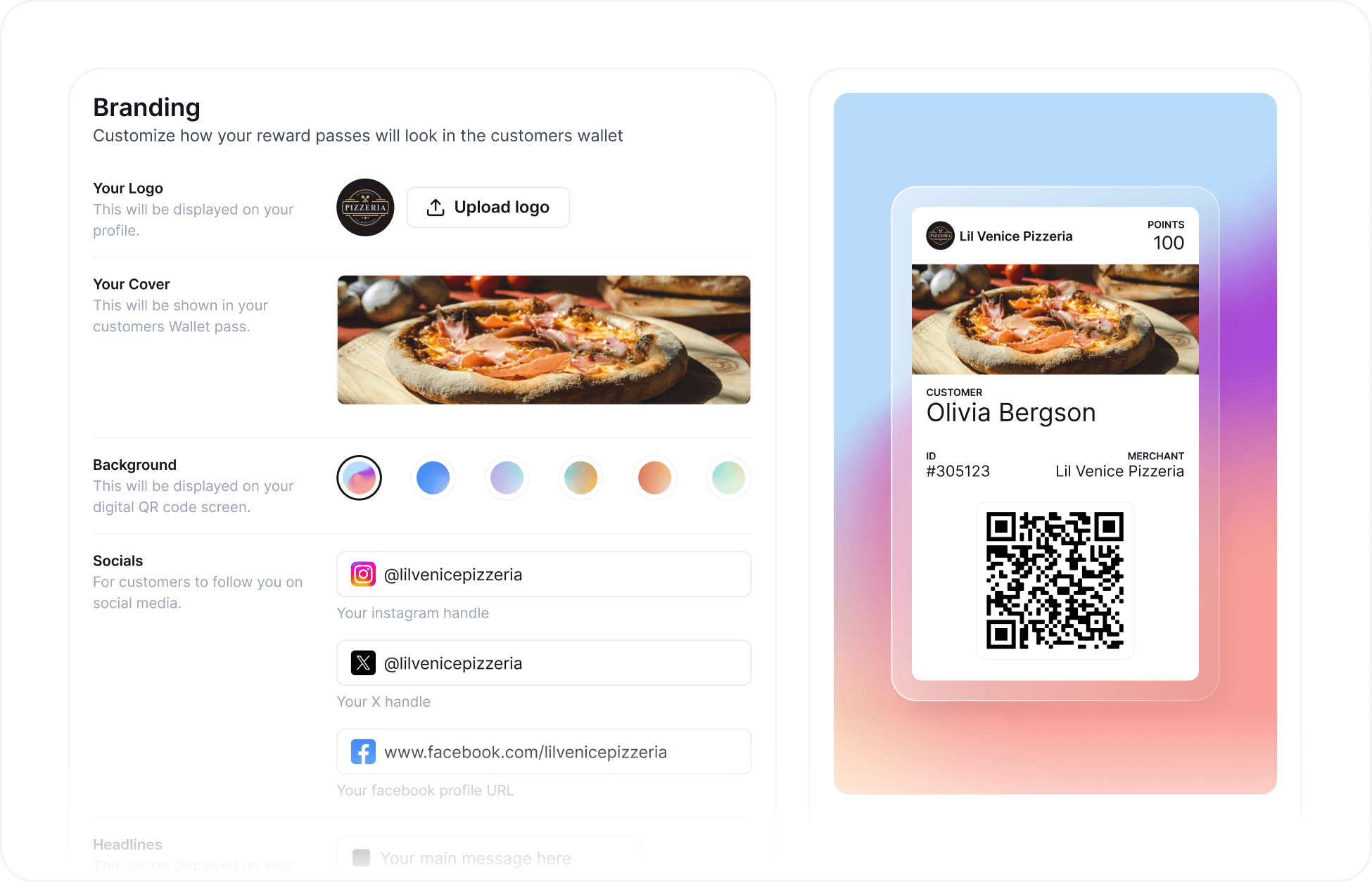 Worthify branding settings screen with custom logo, cover image, and digital wallet pass preview for a personalized customer rewards program