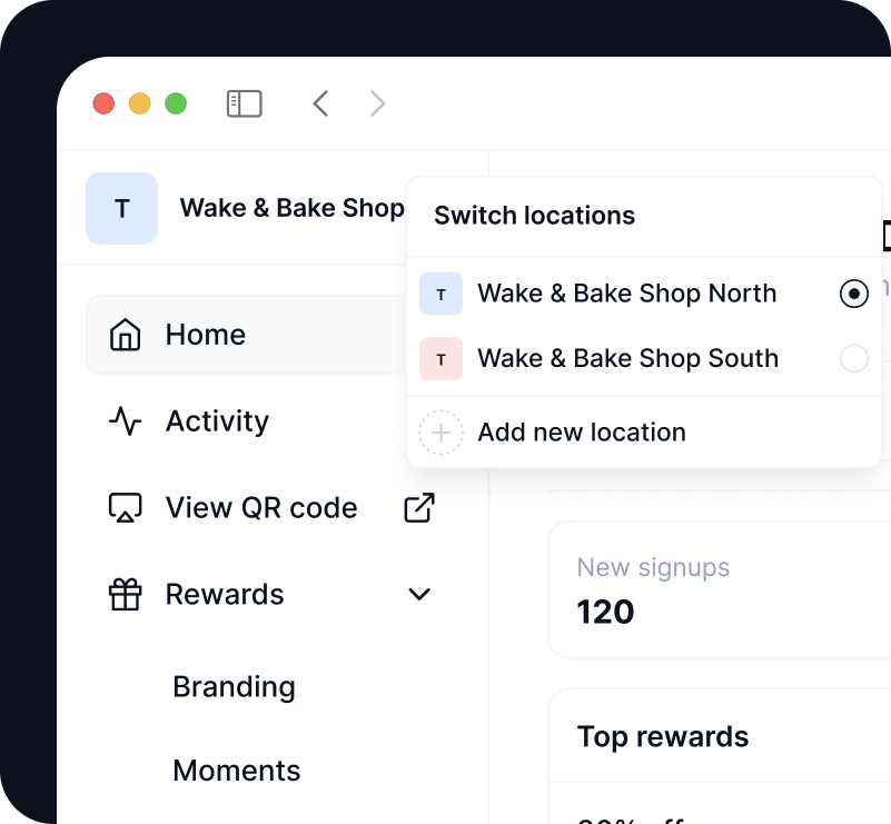Worthify dashboard with multi-location management showing dropdown to switch between business locations for centralized rewards tracking