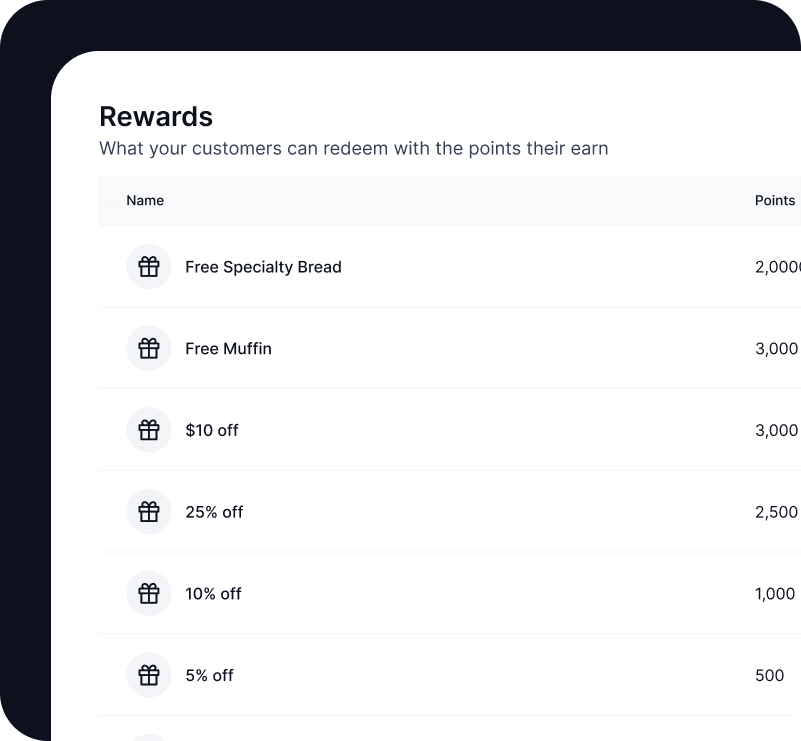Rewards screen showing various customer reward options like discounts and free items that can be redeemed with earned points