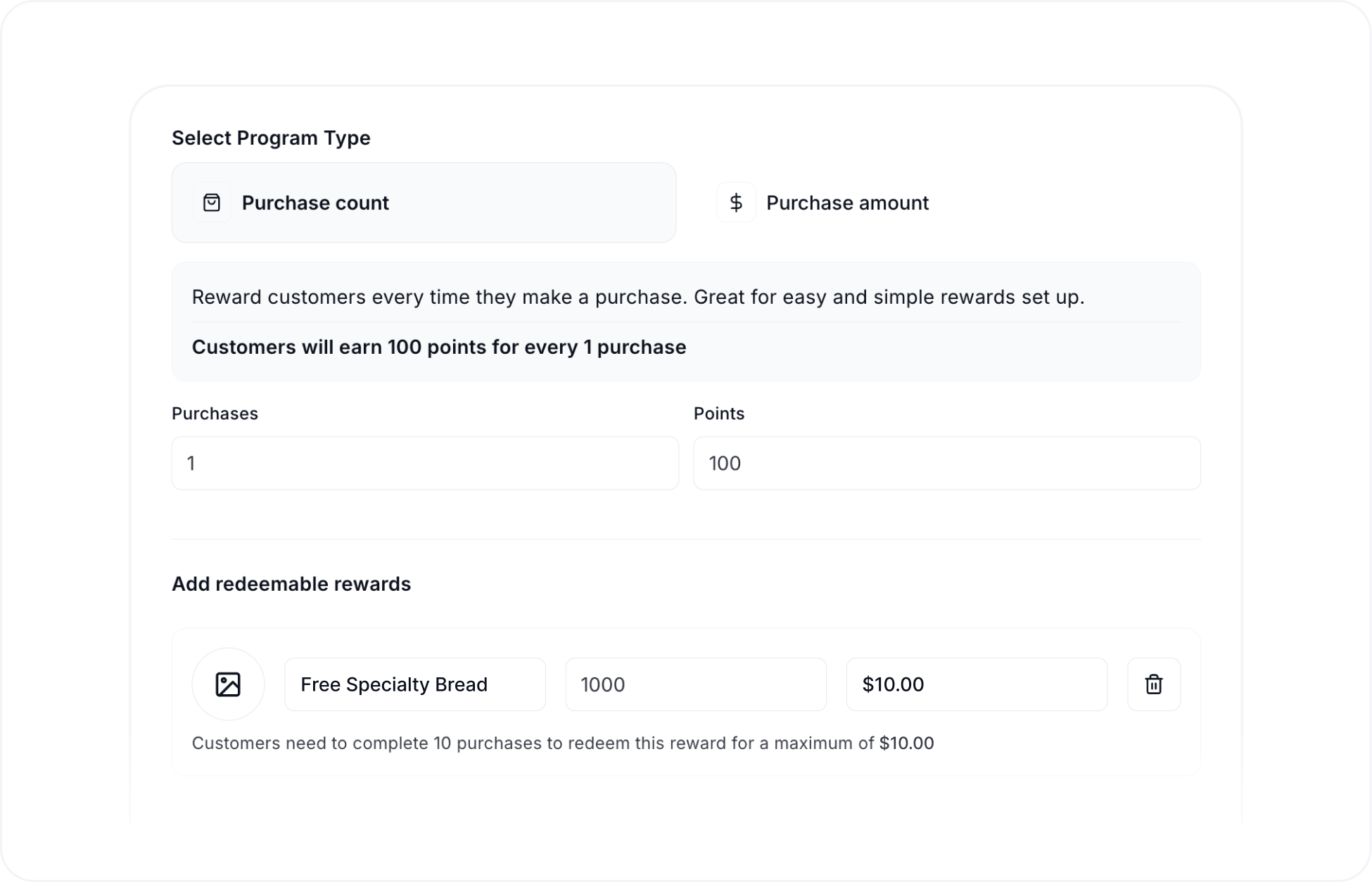 Worthify dashboard interface for setting up a rewards program based on purchase count or spending amount with customizable reward options